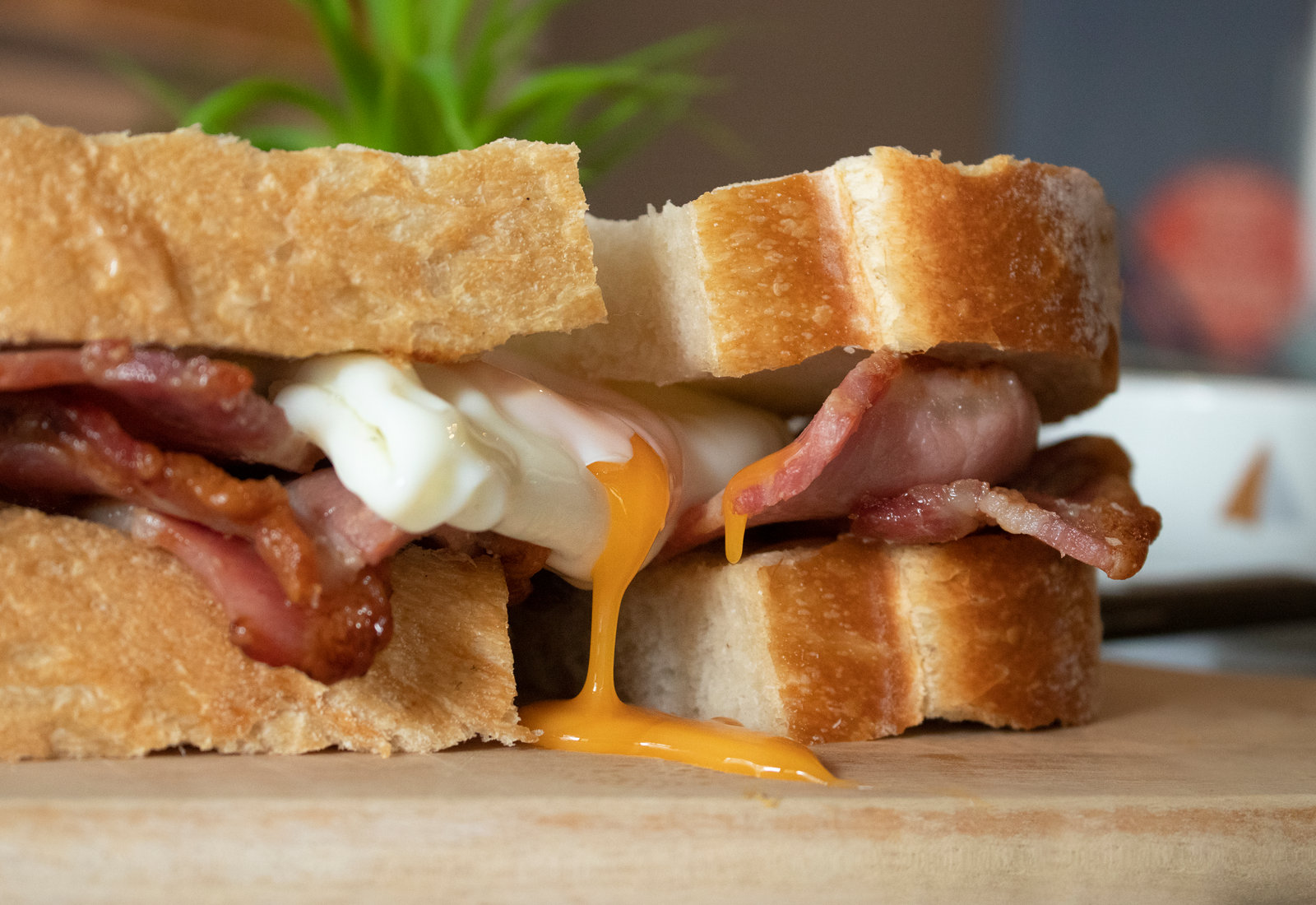 The signature bacon and egg sandwich at Salcombe Coffee Company, thick-cut streaky bacon on a bloomer with a fried egg and butter, on a wooden board
