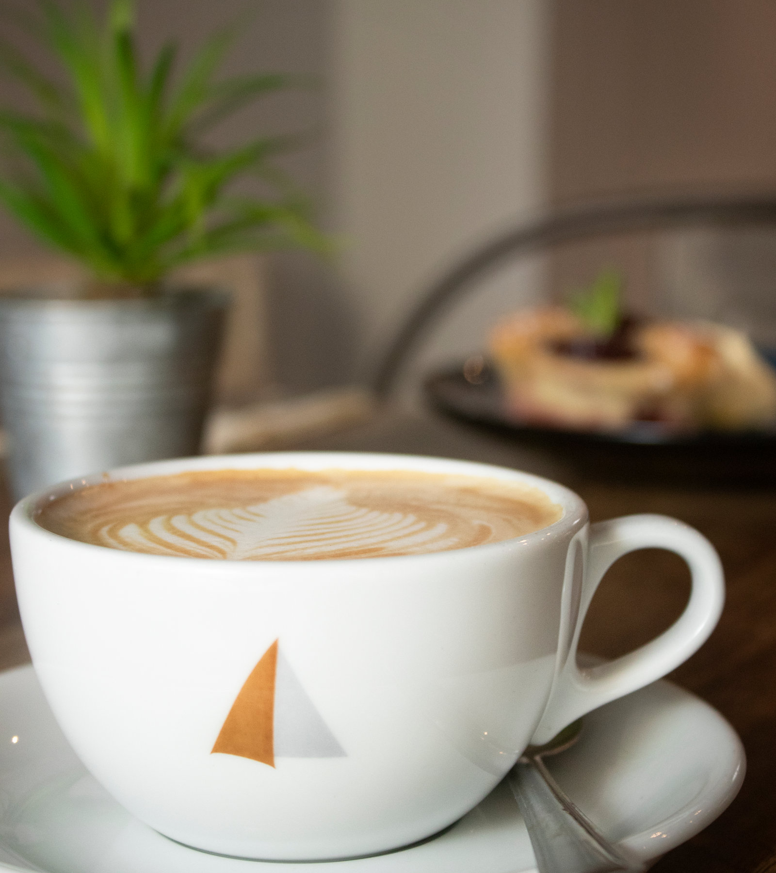 A flat white and a slice of cake on the wooden counter at Salcombe Coffee Company, soft cafe daylight from the Fore Street window